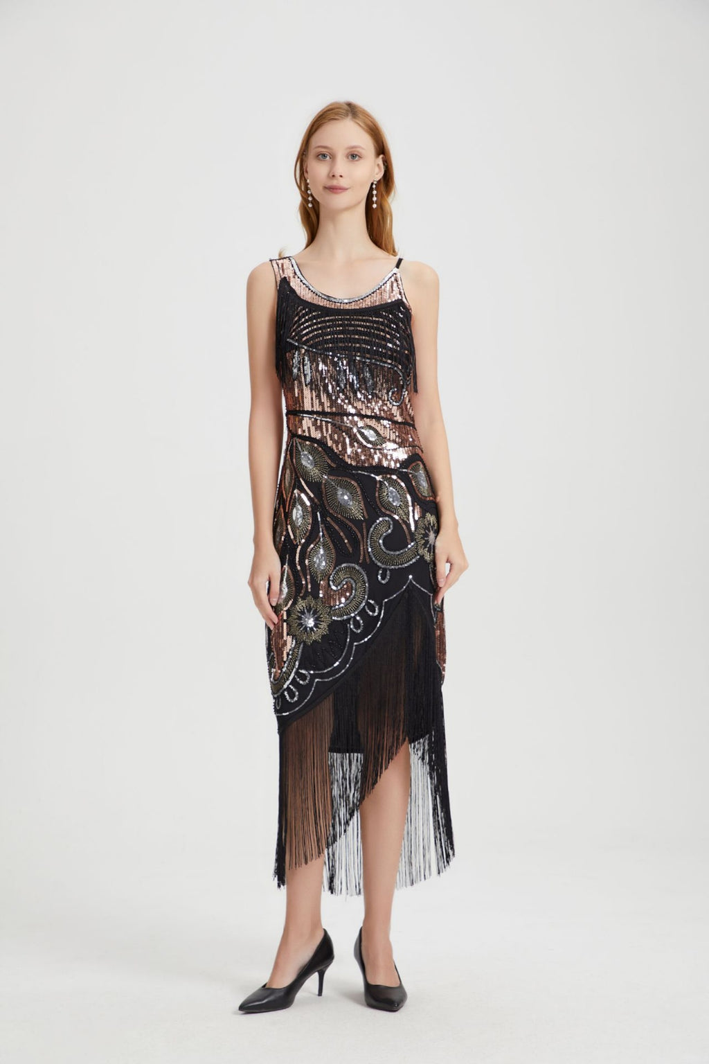 Luca Black Sequin Tassel Midi Evening Dress