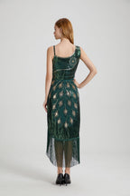 Luca Green Sequin Tassel Midi Evening Dress