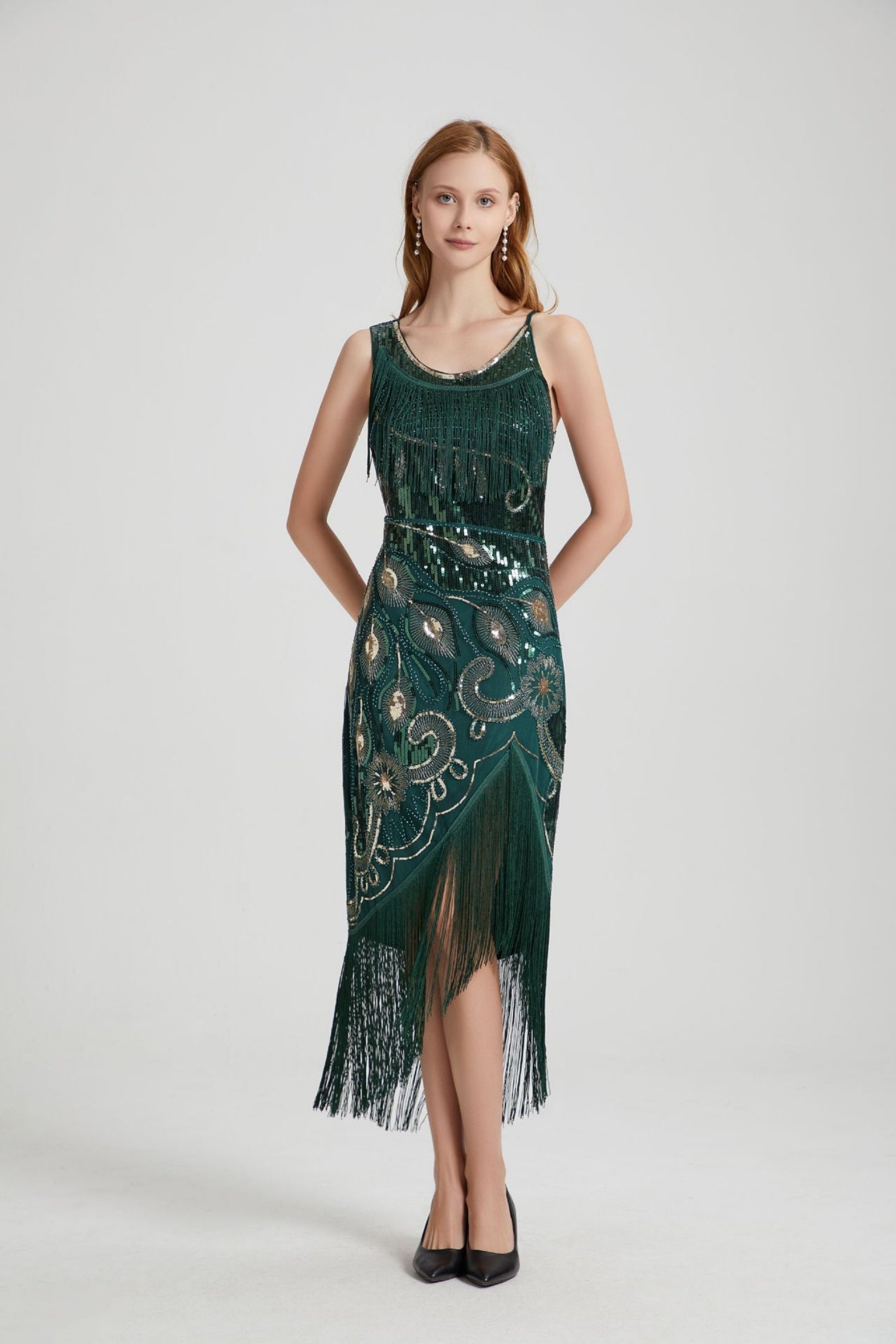 Luca Green Sequin Tassel Midi Evening Dress