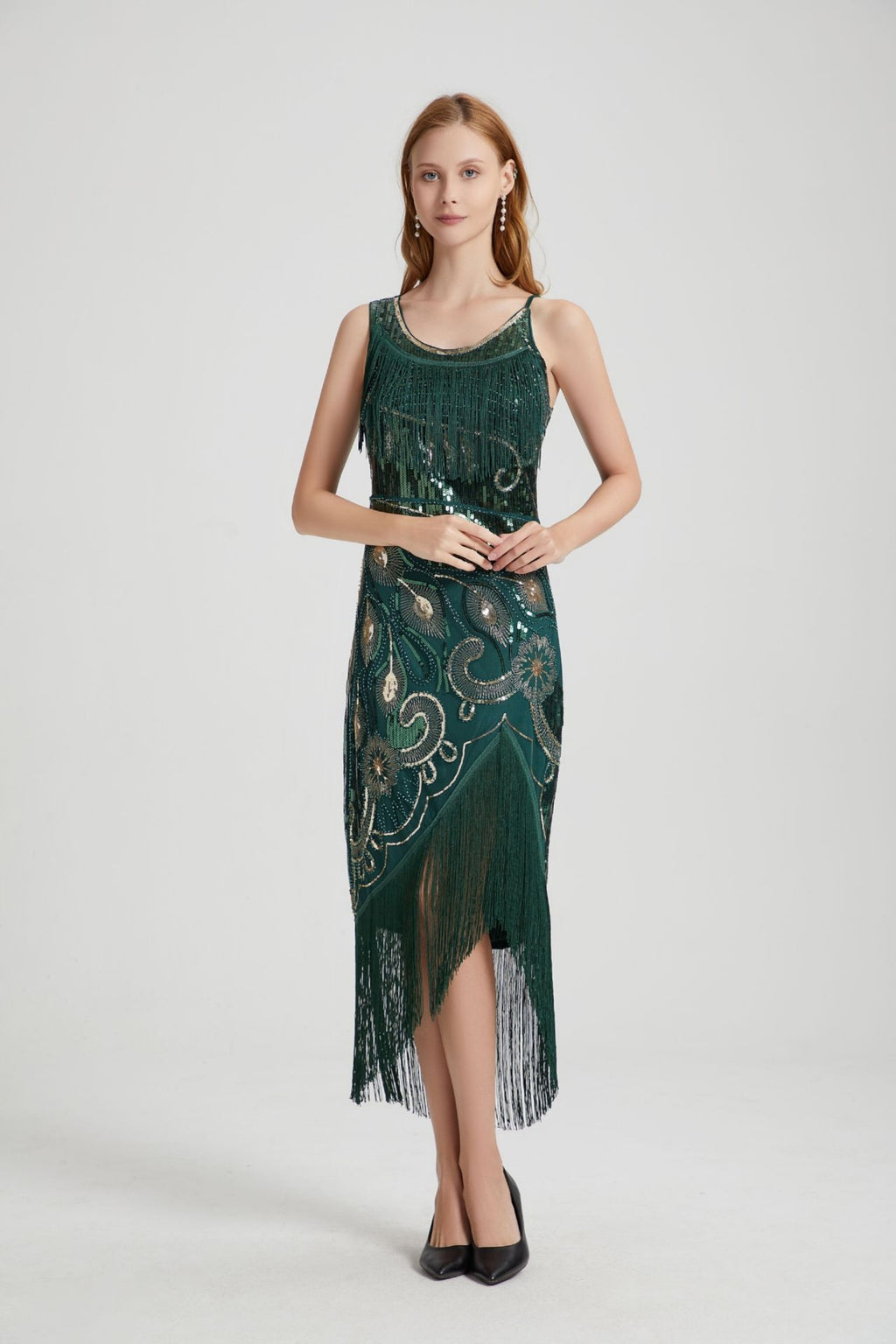 Luca Green Sequin Tassel Midi Evening Dress