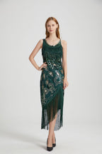 Luca Green Sequin Tassel Midi Evening Dress