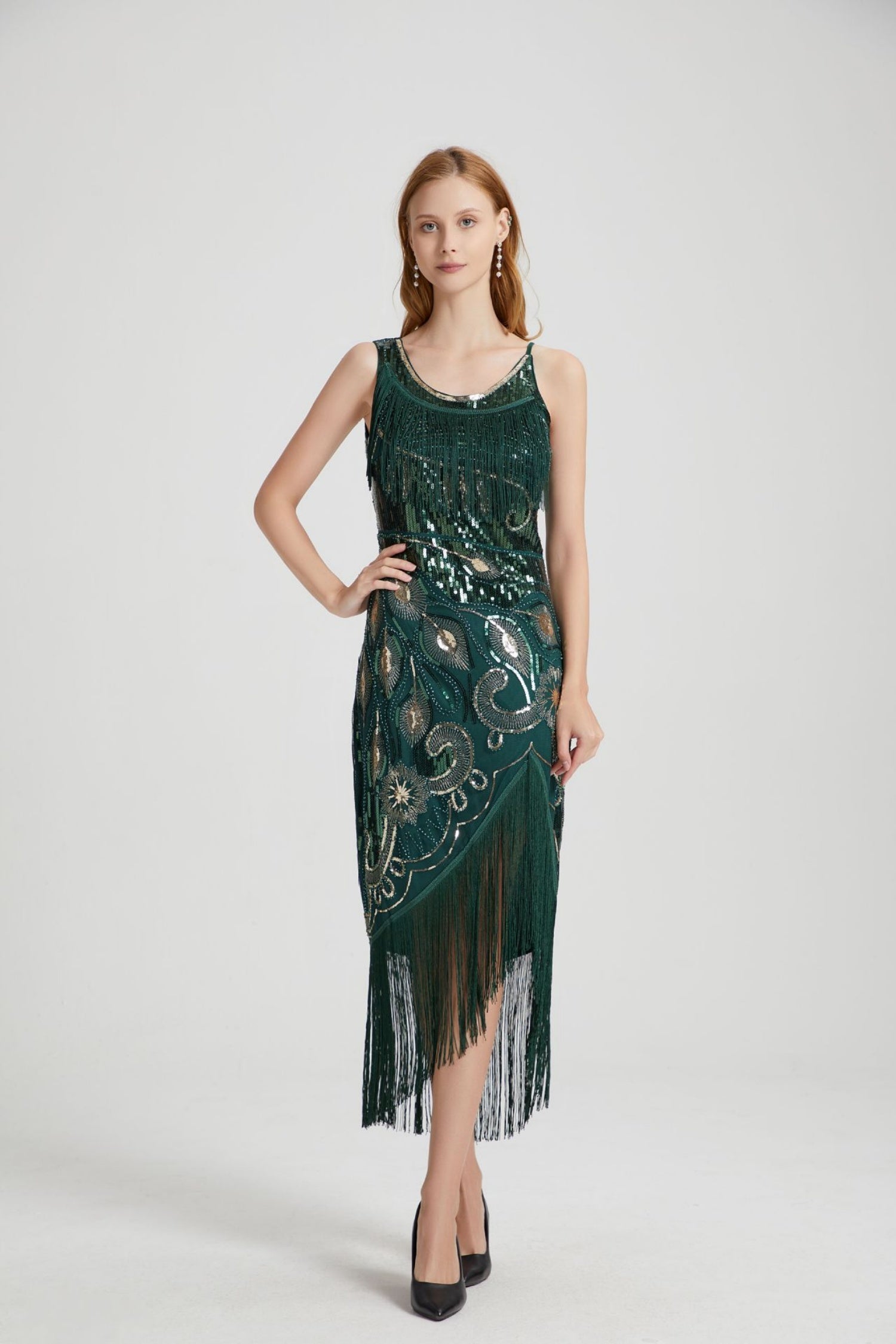 Luca Green Sequin Tassel Midi Evening Dress
