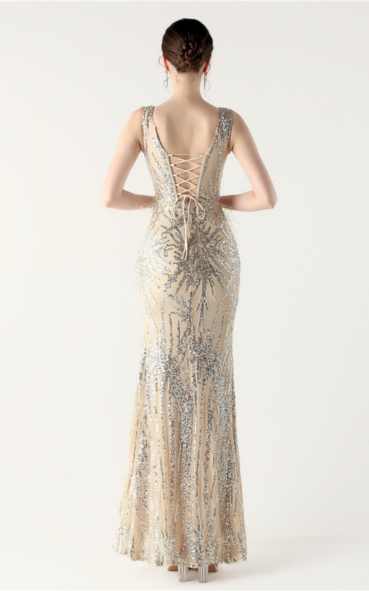 Lyla Apricot Sequin Feather Embellishment Evening Dress Secondary image