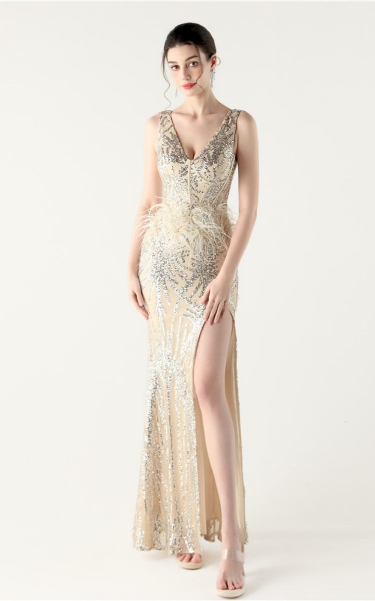 Lyla Apricot Sequin Feather Embellishment Evening Dress Main image