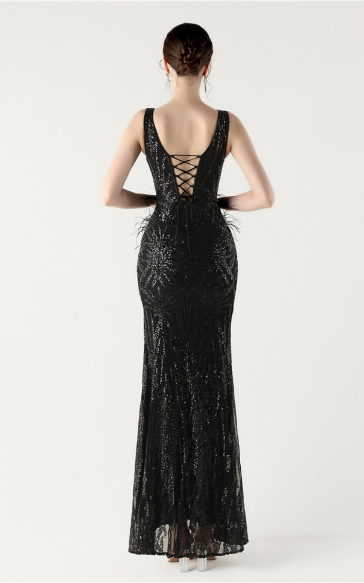 Lyla Black Sequin Feather Embellishment Evening Dress