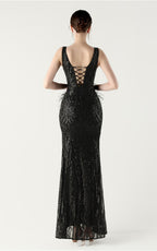 Lyla Black Sequin Feather Embellishment Evening Dress