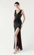 Lyla Black Sequin Feather Embellishment Evening Dress