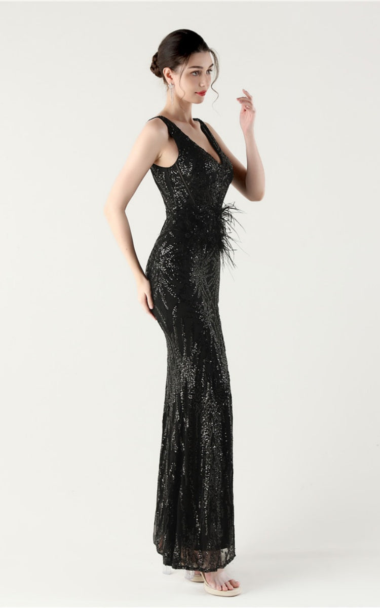 Lyla Black Sequin Feather Embellishment Evening Dress