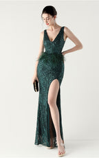 Lyla Forest Green Sequin Feather Embellishment Evening Dress