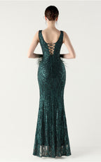 Lyla Forest Green Sequin Feather Embellishment Evening Dress