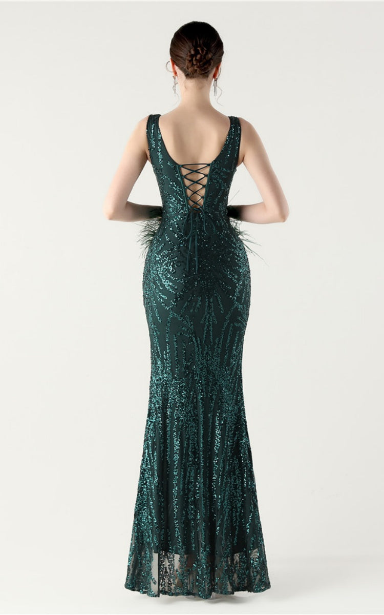 Lyla Forest Green Sequin Feather Embellishment Evening Dress