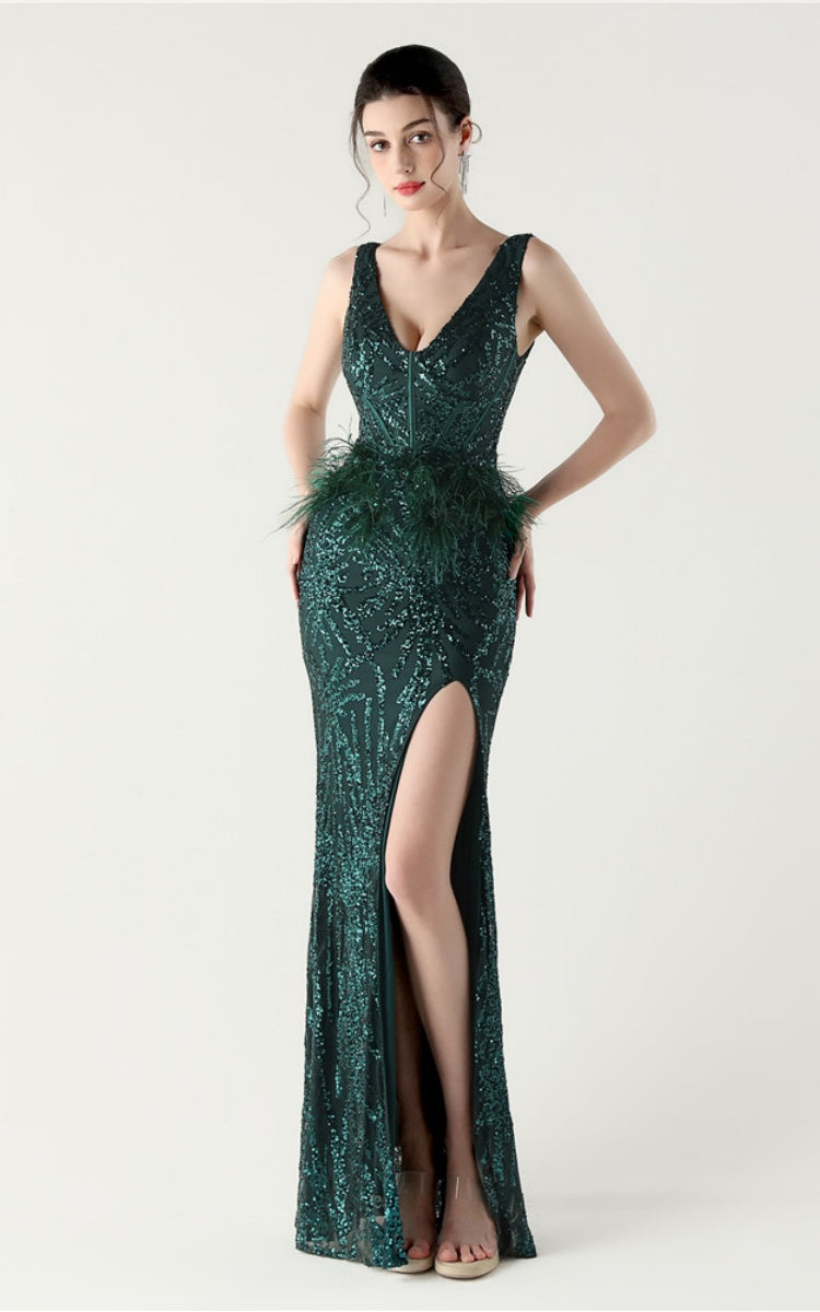 Lyla Forest Green Sequin Feather Embellishment Evening Dress