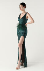 Lyla Forest Green Sequin Feather Embellishment Evening Dress