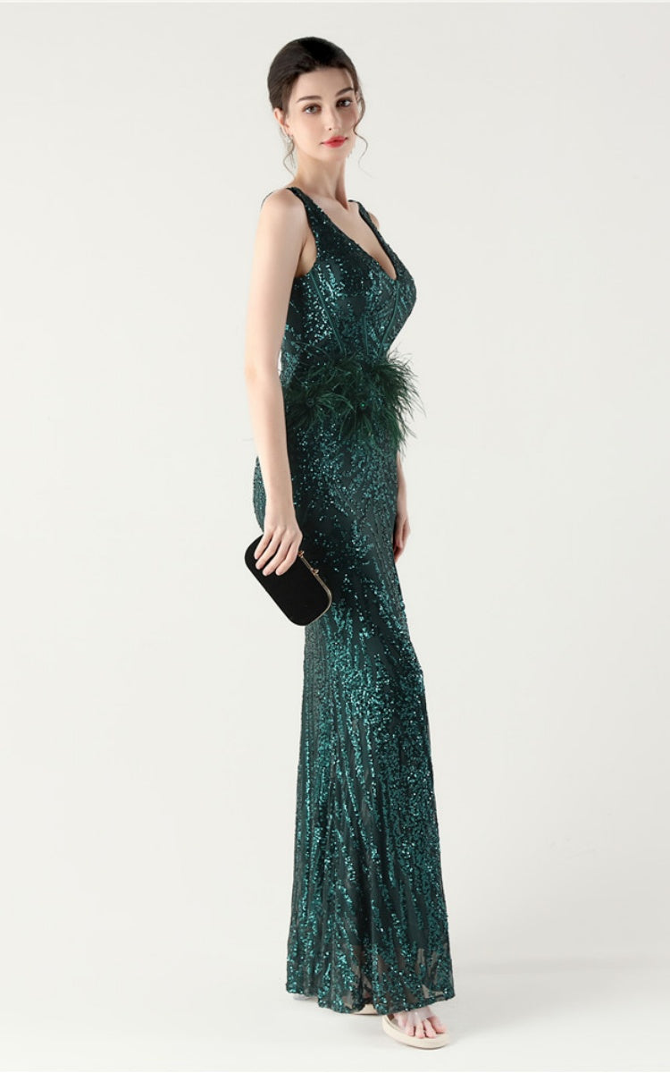 Lyla Forest Green Sequin Feather Embellishment Evening Dress