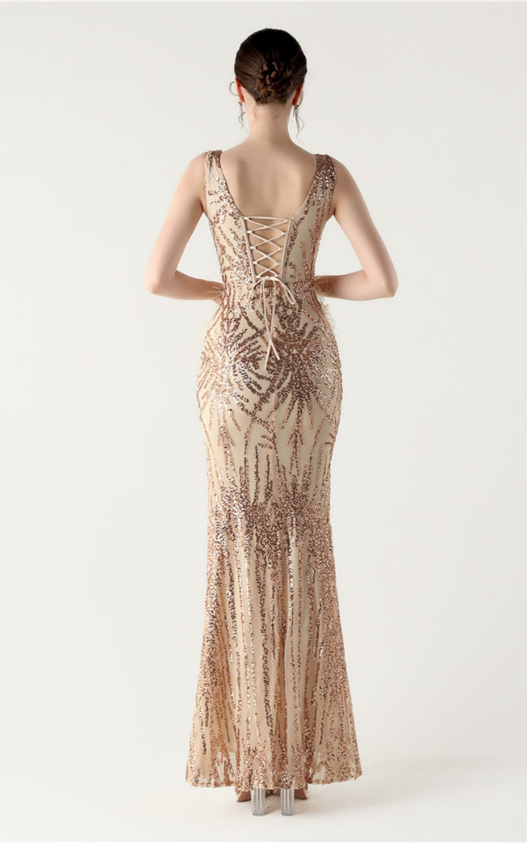 Lyla Gold Sequin Feather Embellishment Evening Dress