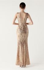 Lyla Gold Sequin Feather Embellishment Evening Dress
