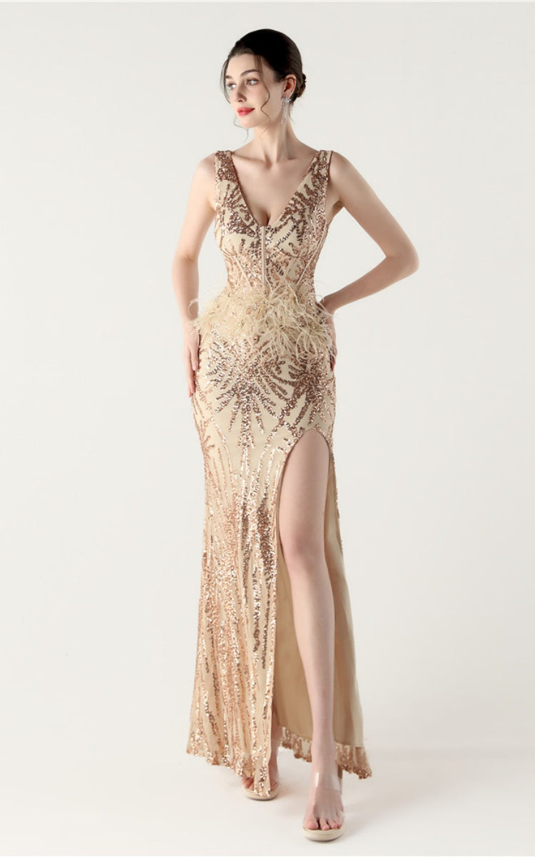 Lyla Gold Sequin Feather Embellishment Evening Dress