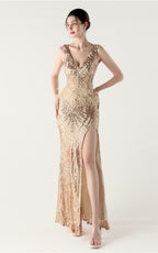 Lyla Gold Sequin Feather Embellishment Evening Dress