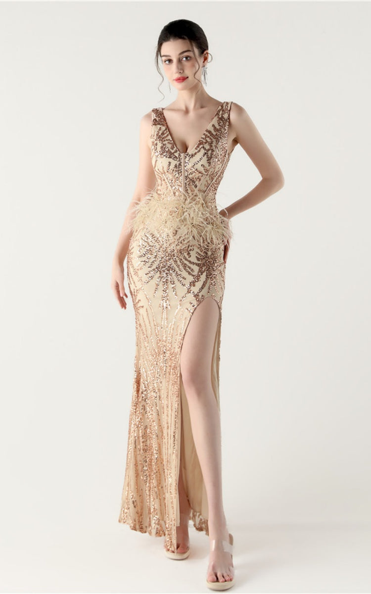Lyla Gold Sequin Feather Embellishment Evening Dress