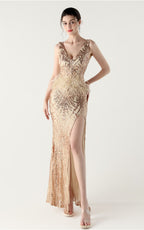 Lyla Gold Sequin Feather Embellishment Evening Dress