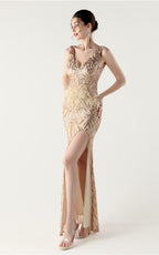 Lyla Gold Sequin Feather Embellishment Evening Dress