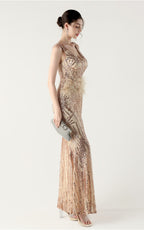 Lyla Gold Sequin Feather Embellishment Evening Dress