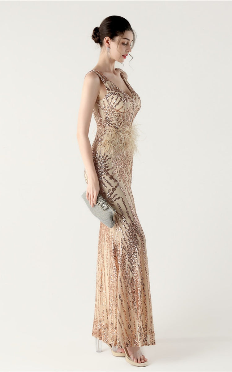 Lyla Gold Sequin Feather Embellishment Evening Dress