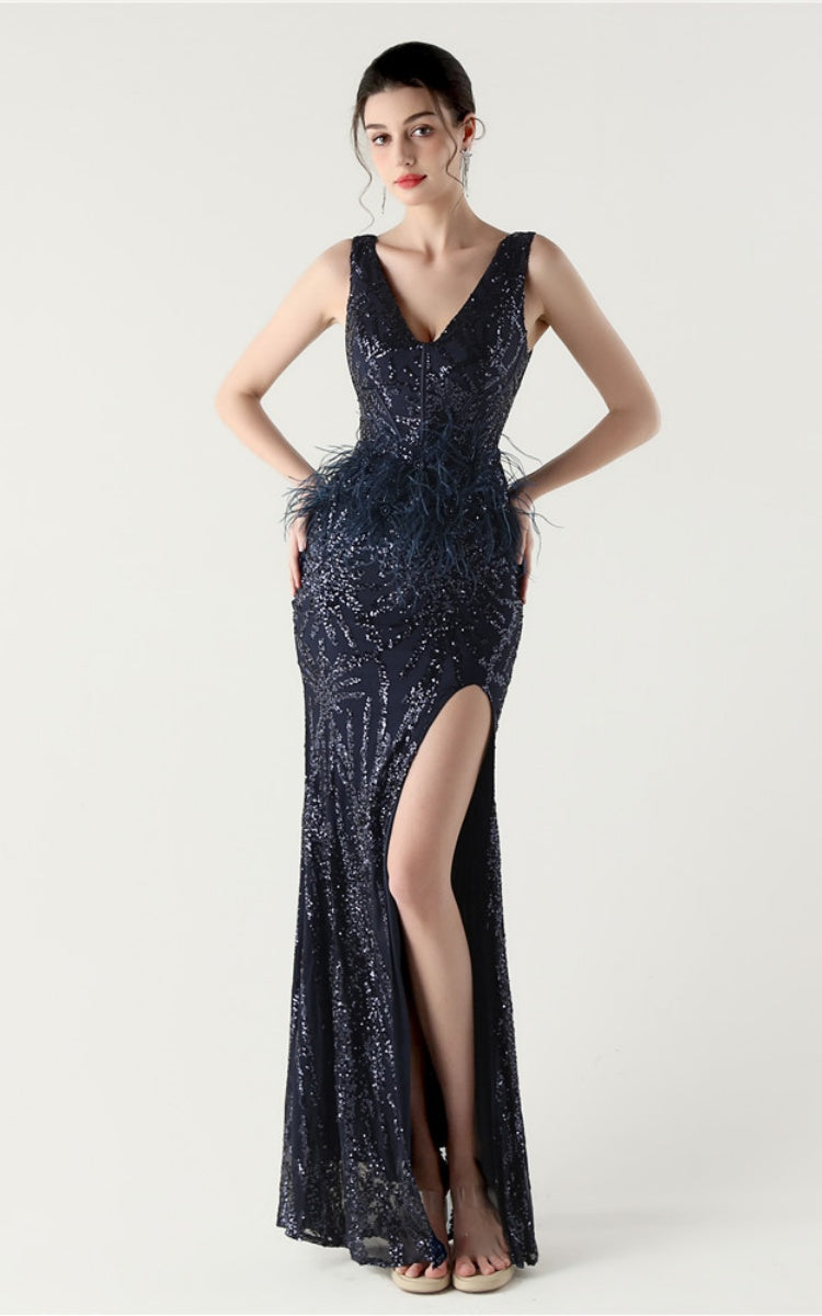 Lyla Navy Blue Sequin Feather Embellishment Evening Dress