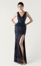 Lyla Navy Blue Sequin Feather Embellishment Evening Dress