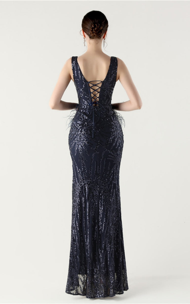 Lyla Navy Blue Sequin Feather Embellishment Evening Dress