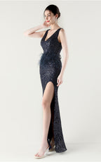 Lyla Navy Blue Sequin Feather Embellishment Evening Dress