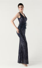 Lyla Navy Blue Sequin Feather Embellishment Evening Dress