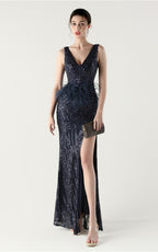 Lyla Navy Blue Sequin Feather Embellishment Evening Dress