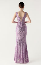 Lyla Purple Sequin Feather Embellishment Evening Dress