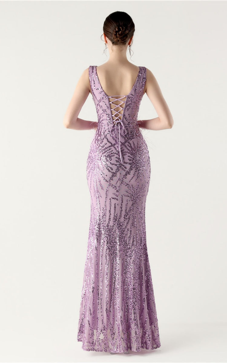 Lyla Purple Sequin Feather Embellishment Evening Dress
