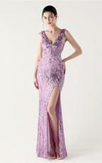 Lyla Purple Sequin Feather Embellishment Evening Dress