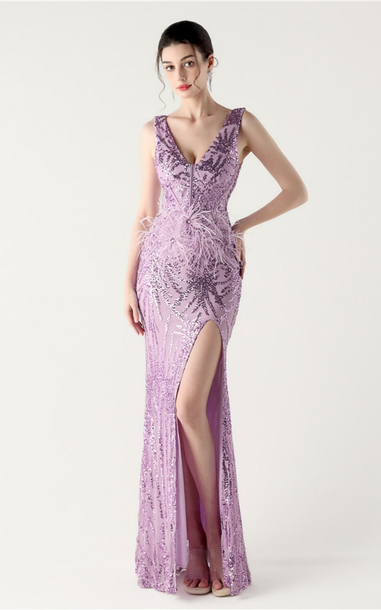 Lyla Purple Sequin Feather Embellishment Evening Dress