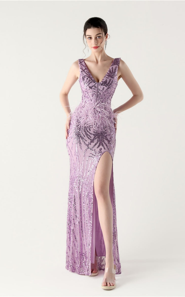 Lyla Purple Sequin Feather Embellishment Evening Dress