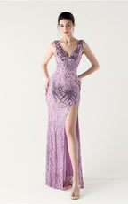Lyla Purple Sequin Feather Embellishment Evening Dress