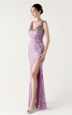 Lyla Purple Sequin Feather Embellishment Evening Dress