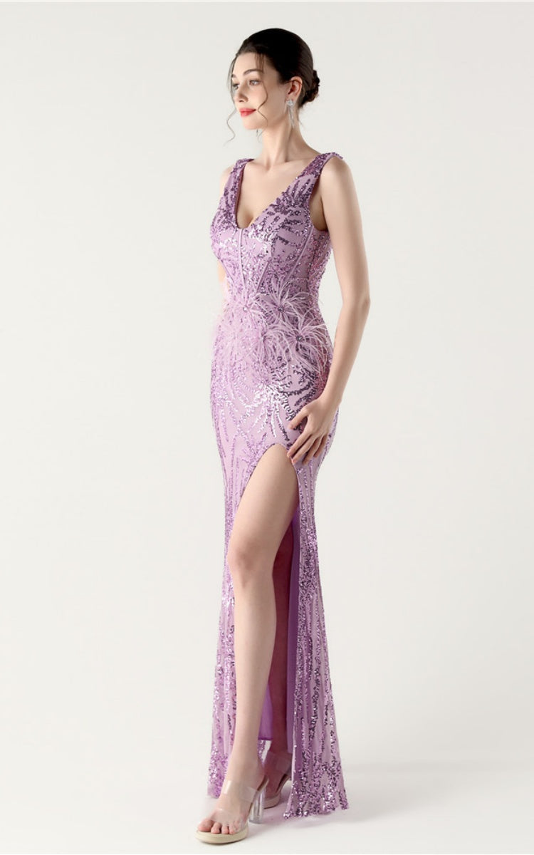 Lyla Purple Sequin Feather Embellishment Evening Dress