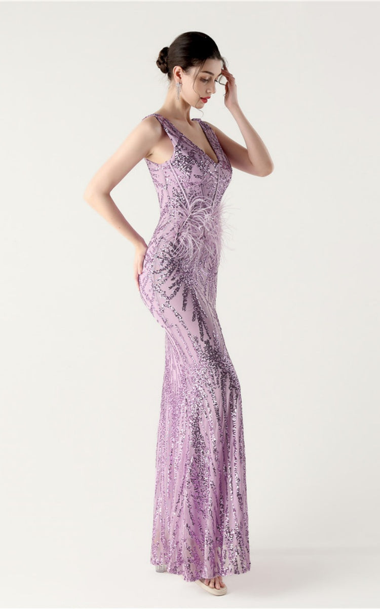 Lyla Purple Sequin Feather Embellishment Evening Dress