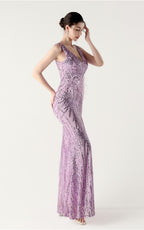 Lyla Purple Sequin Feather Embellishment Evening Dress