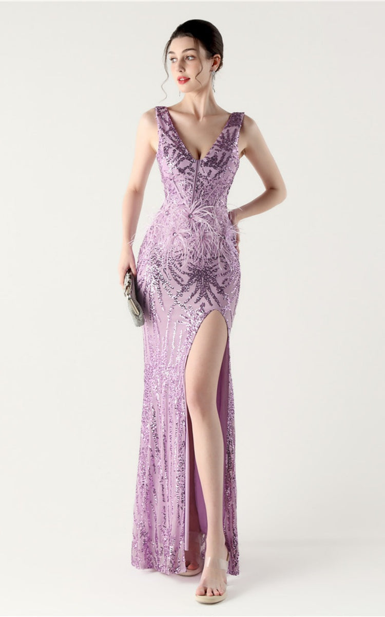 Lyla Purple Sequin Feather Embellishment Evening Dress