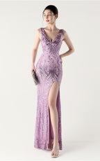 Lyla Purple Sequin Feather Embellishment Evening Dress