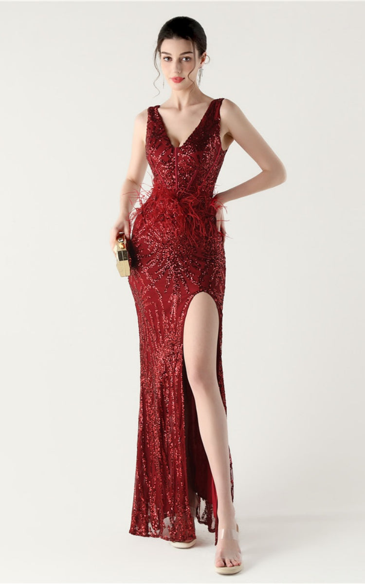 Lyla Wine Sequin Feather Embellishment Evening Dress