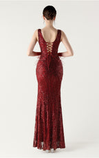 Lyla Wine Sequin Feather Embellishment Evening Dress