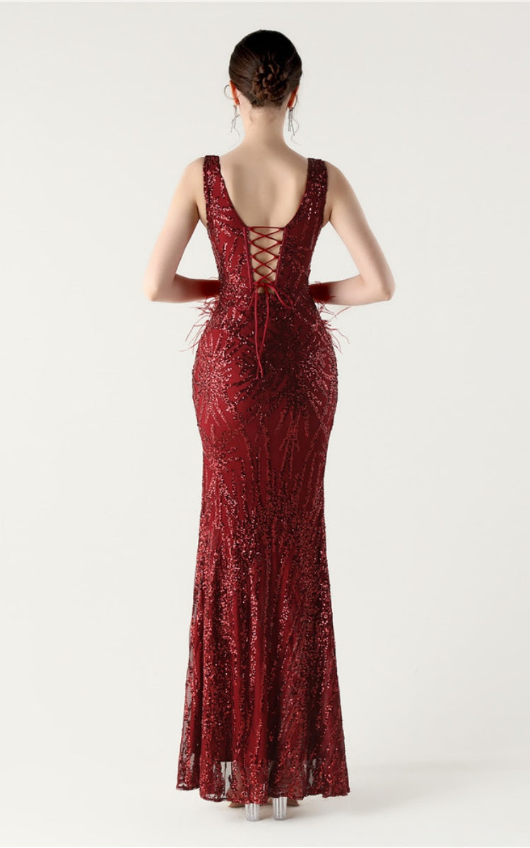 Lyla Wine Sequin Feather Embellishment Evening Dress