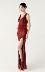 Lyla Wine Sequin Feather Embellishment Evening Dress