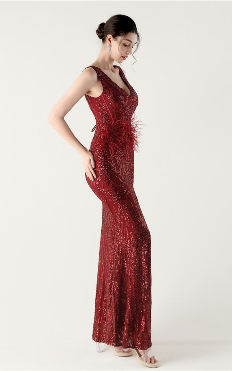 Lyla Wine Sequin Feather Embellishment Evening Dress